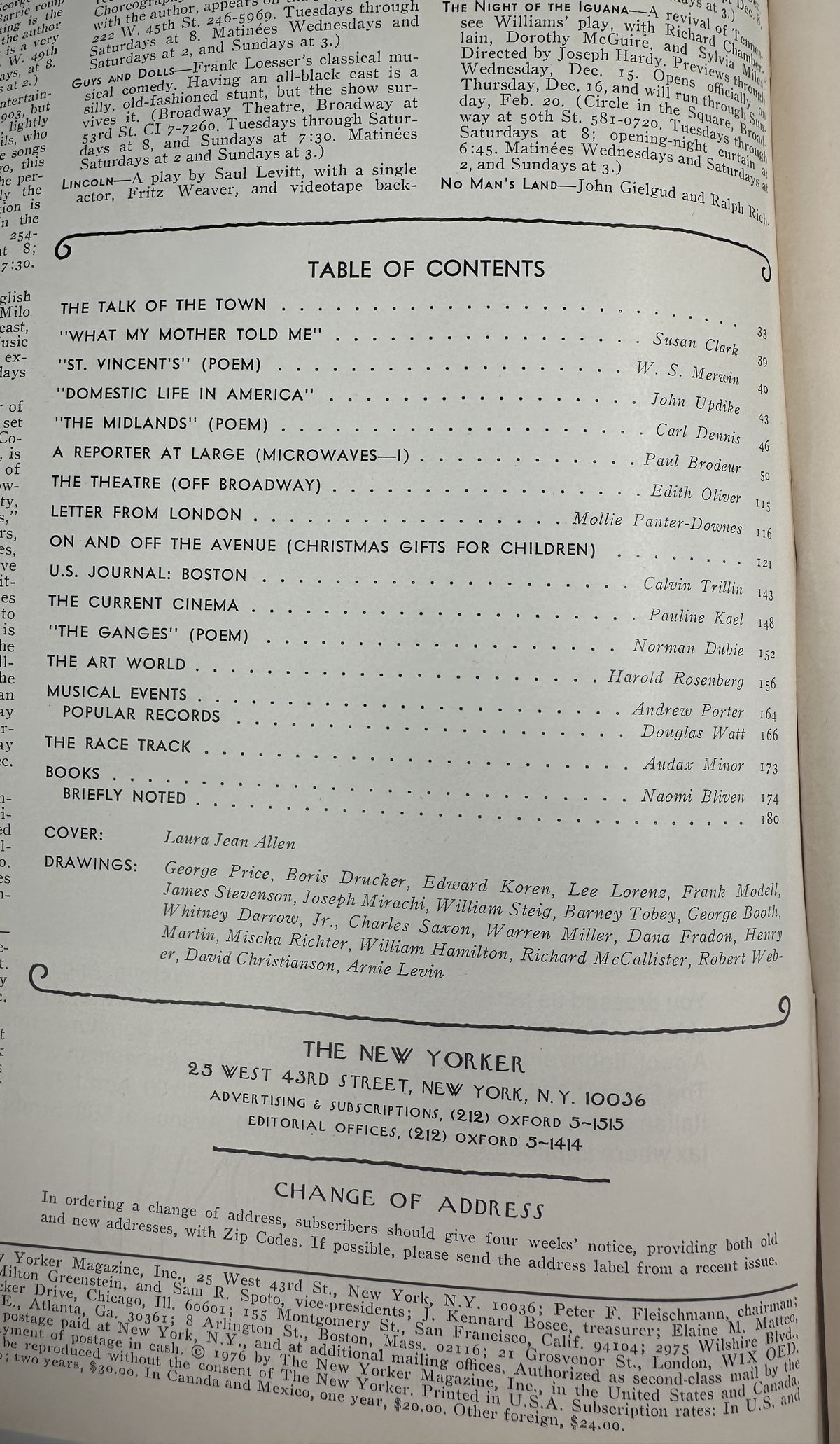 The New Yorker Magazine December 13, 1976 Christmas Mail Entryway Laura Jean Allen VG table of contents page showing featured articles, poems, departments, and contributors
