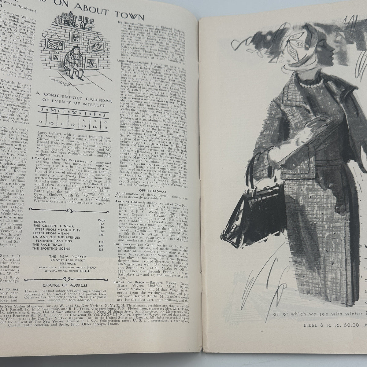 The New Yorker Magazine September 8, 1962 Apartment Ads City Skyline Charles Martin Cover, showing an interior page with On About Town text and a vintage fashion illustration.