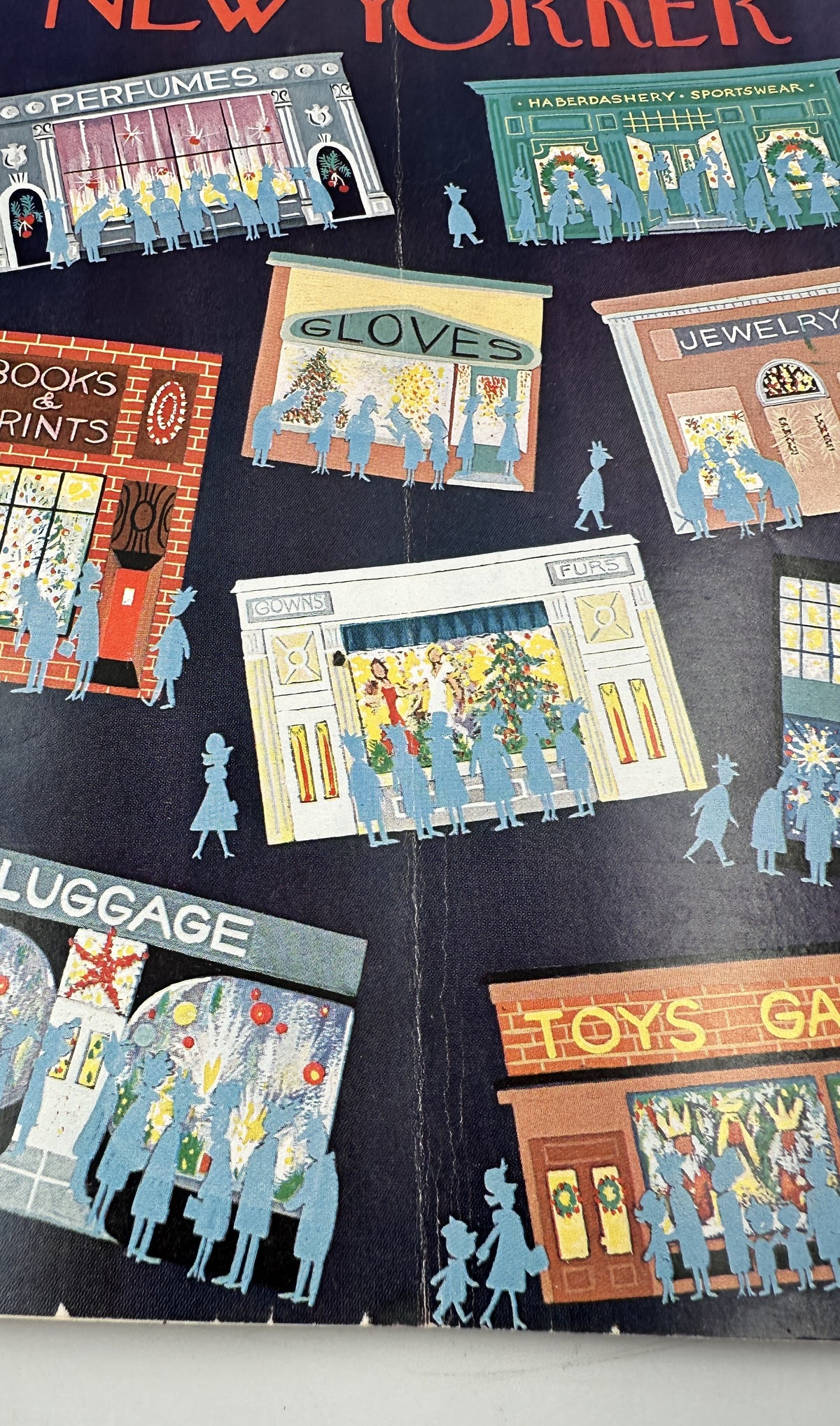 The New Yorker Magazine December 15, 1962 Christmas Shopping Charles Martin Cover, close-up detail of the festive illustrated cover showing Christmas gifts, gloves, jewelry, luggage, and toy stores.