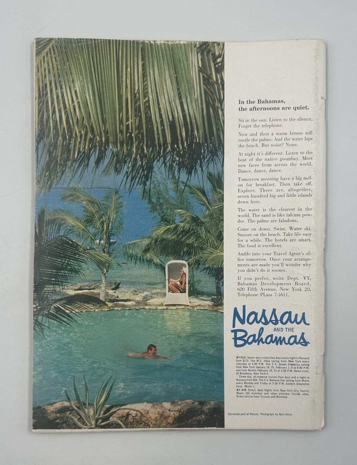 The New Yorker Magazine December 15, 1962 Christmas Shopping Charles Martin Cover, interior vintage travel advertisement featuring a tropical Nassau and the Bahamas beach scene.