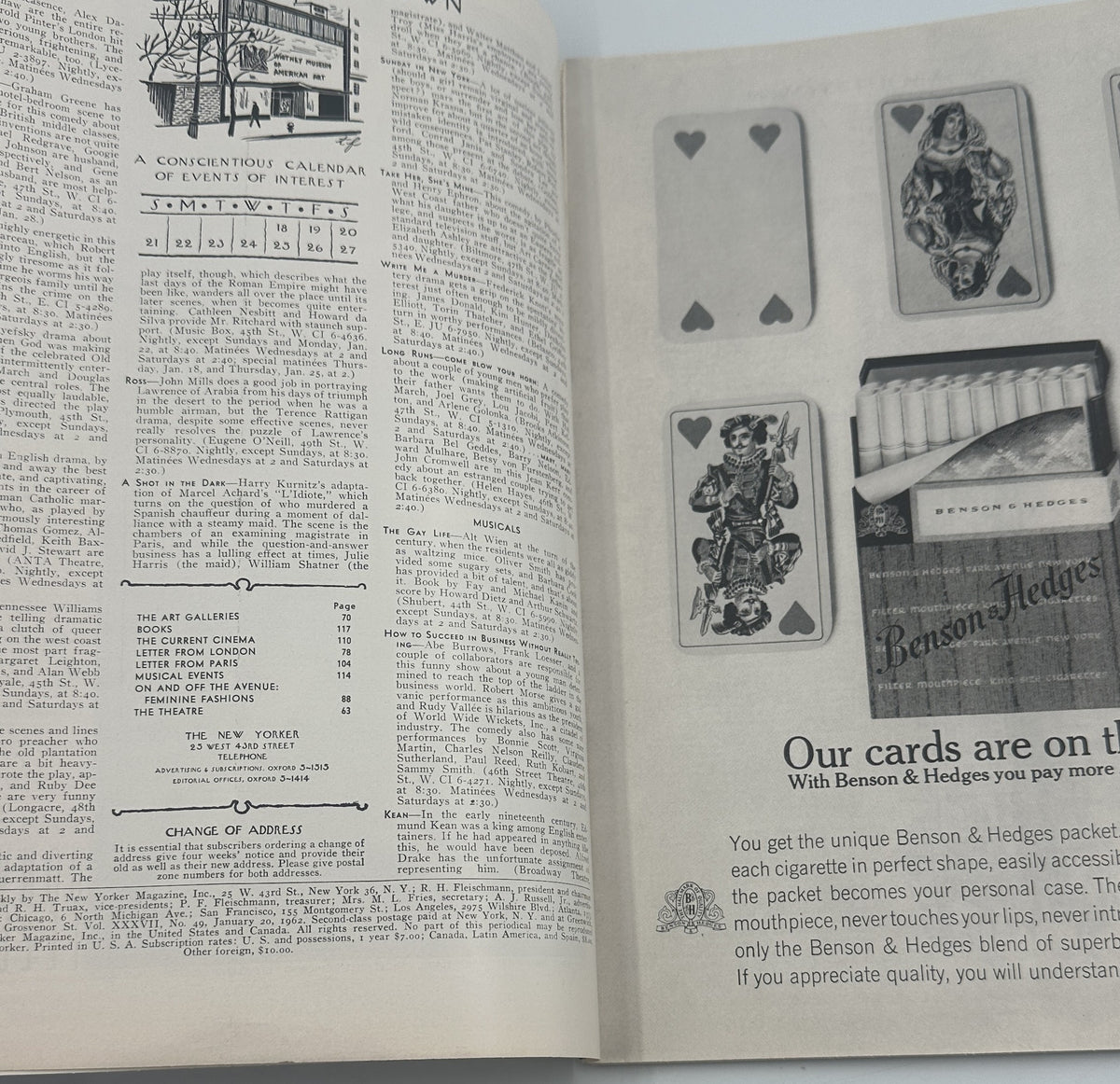 The New Yorker Magazine January 20, 1962 Ballet Dancers Stage Arthur Getz Cover, interior pages showing the table of contents and a vintage Benson & Hedges playing card advertisement.