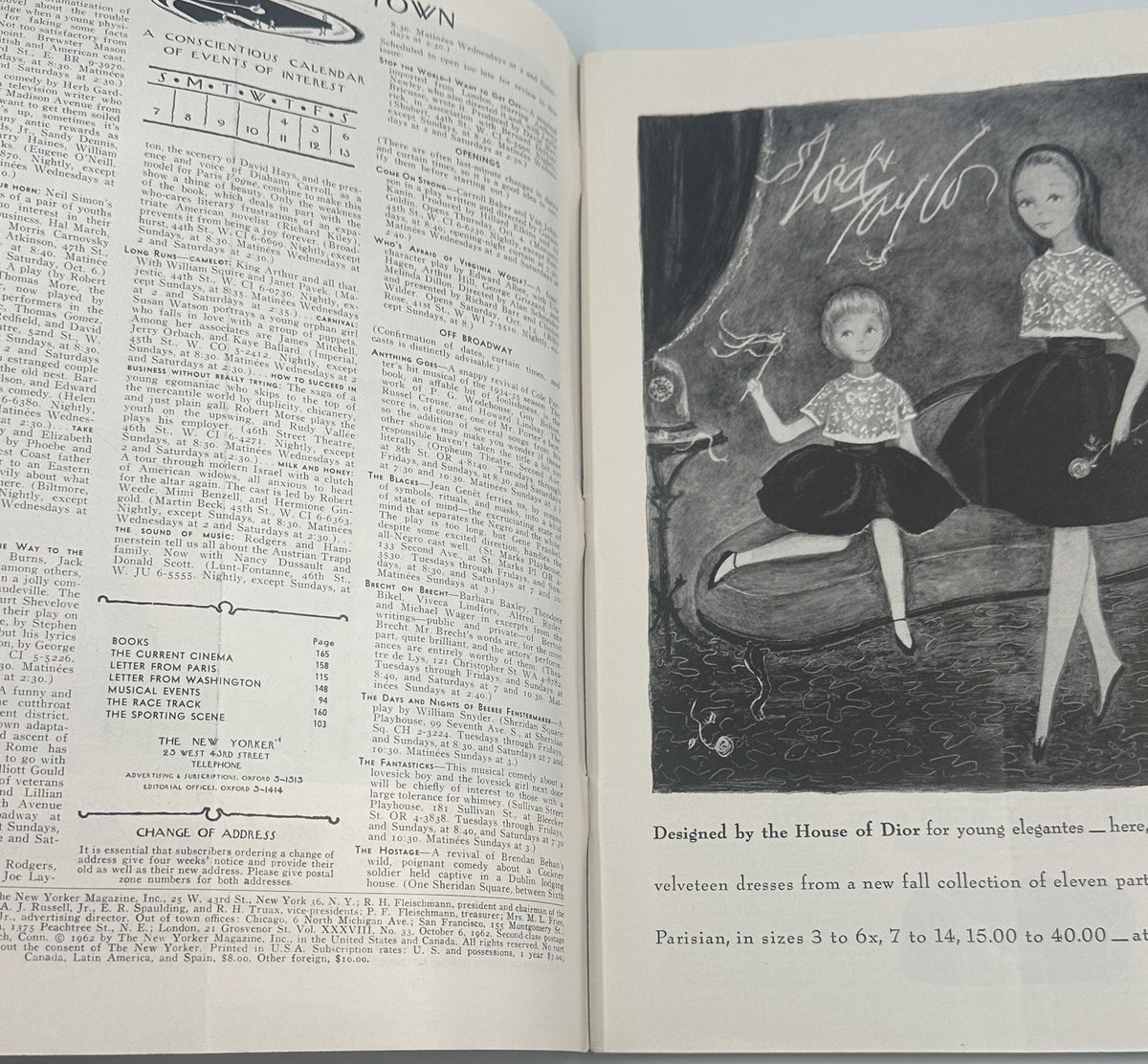 The New Yorker Magazine October 6, 1962 Math Numbers Chairs Saul Steinberg Cover opened to interior pages showing magazine text, contents information, and a House of Dior fashion advertisement.