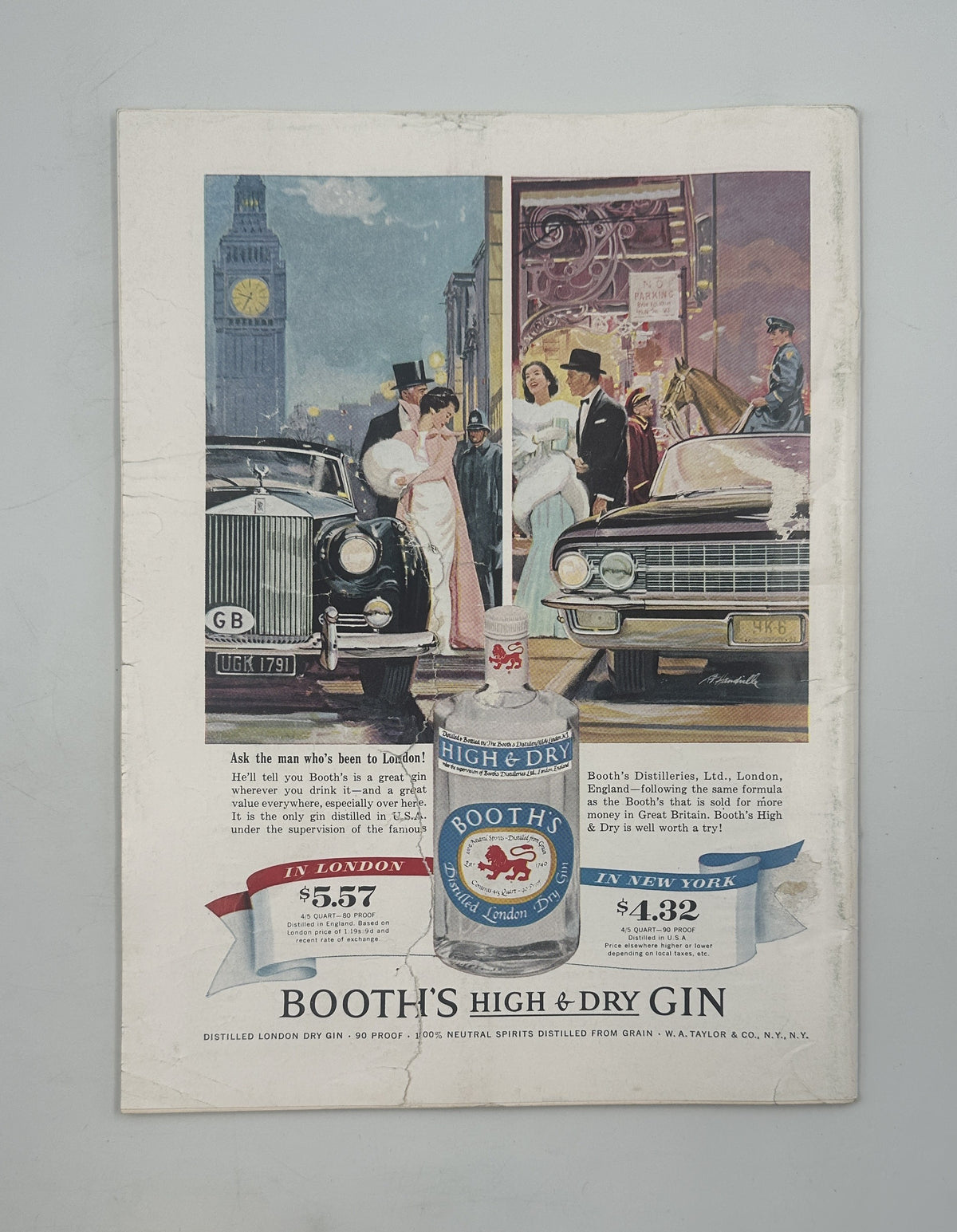 Full-page vintage Booth's High & Dry Gin advertisement in The New Yorker Magazine August 25, 1962 Chef Woman Produce Basket Ludwig Bemelmans, depicting classic automobiles, fashionable pedestrians, and a city street scene.