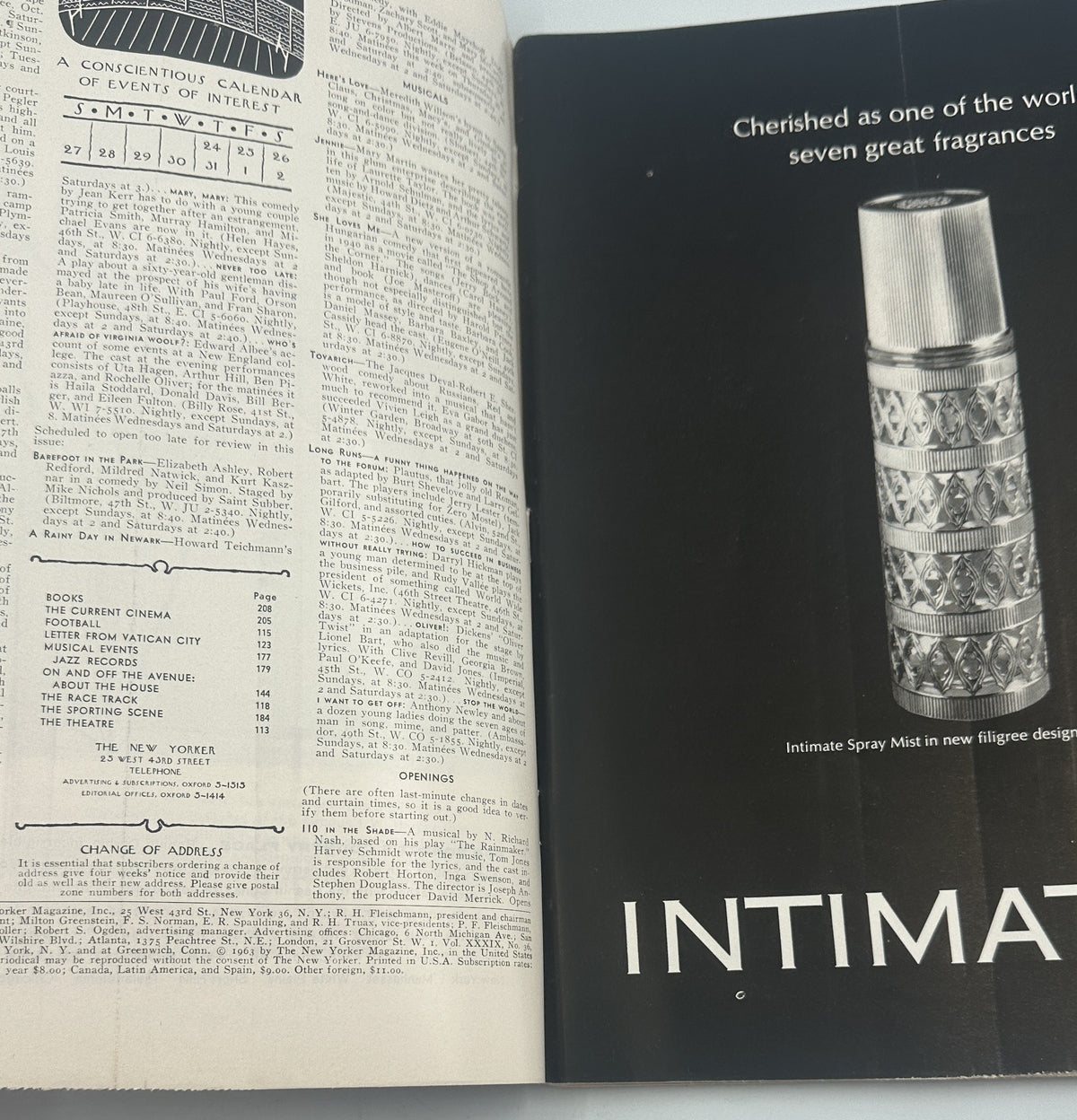 The New Yorker Magazine October 26, 1963 Dark Museum Gallery Arthur Getz Cover, interior spread showing the magazine table of contents beside an Intima perfume advertisement.