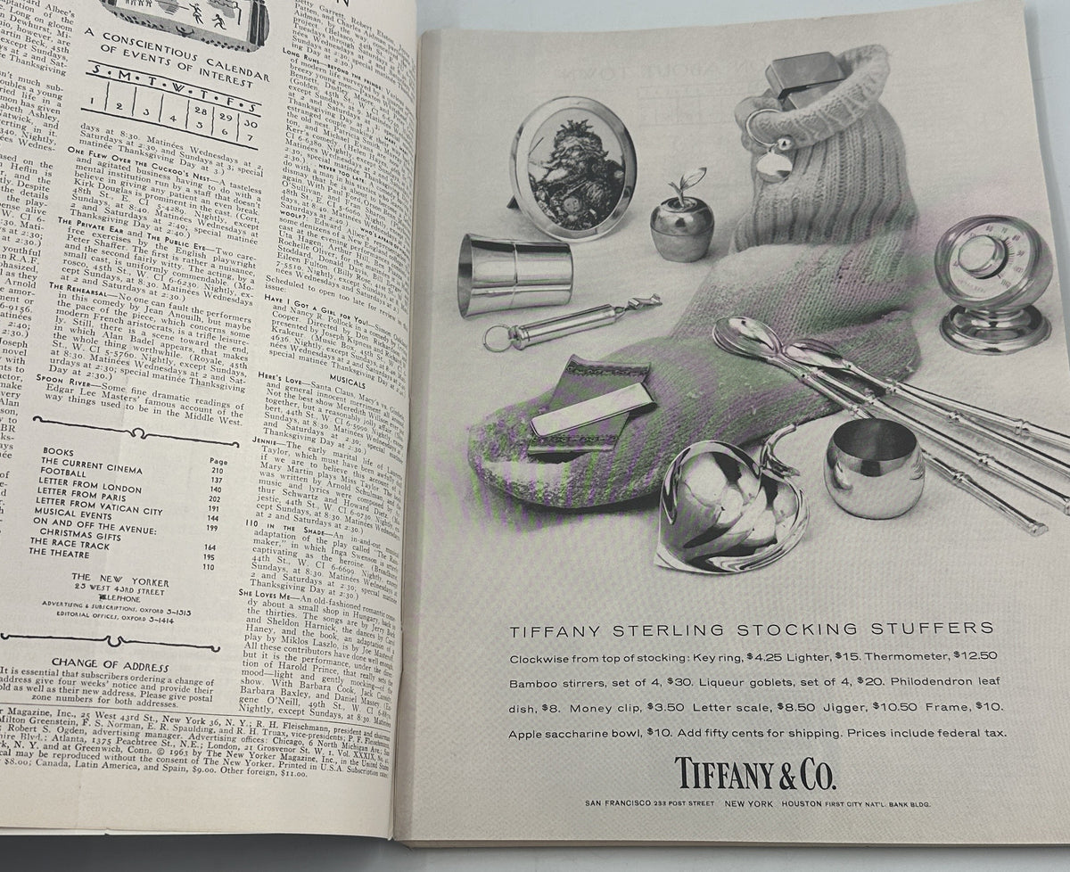 The New Yorker Magazine November 30, 1963 Elevated Sailboats Arthur Getz Cover opened to a vintage Tiffany & Co. sterling silver advertising spread.