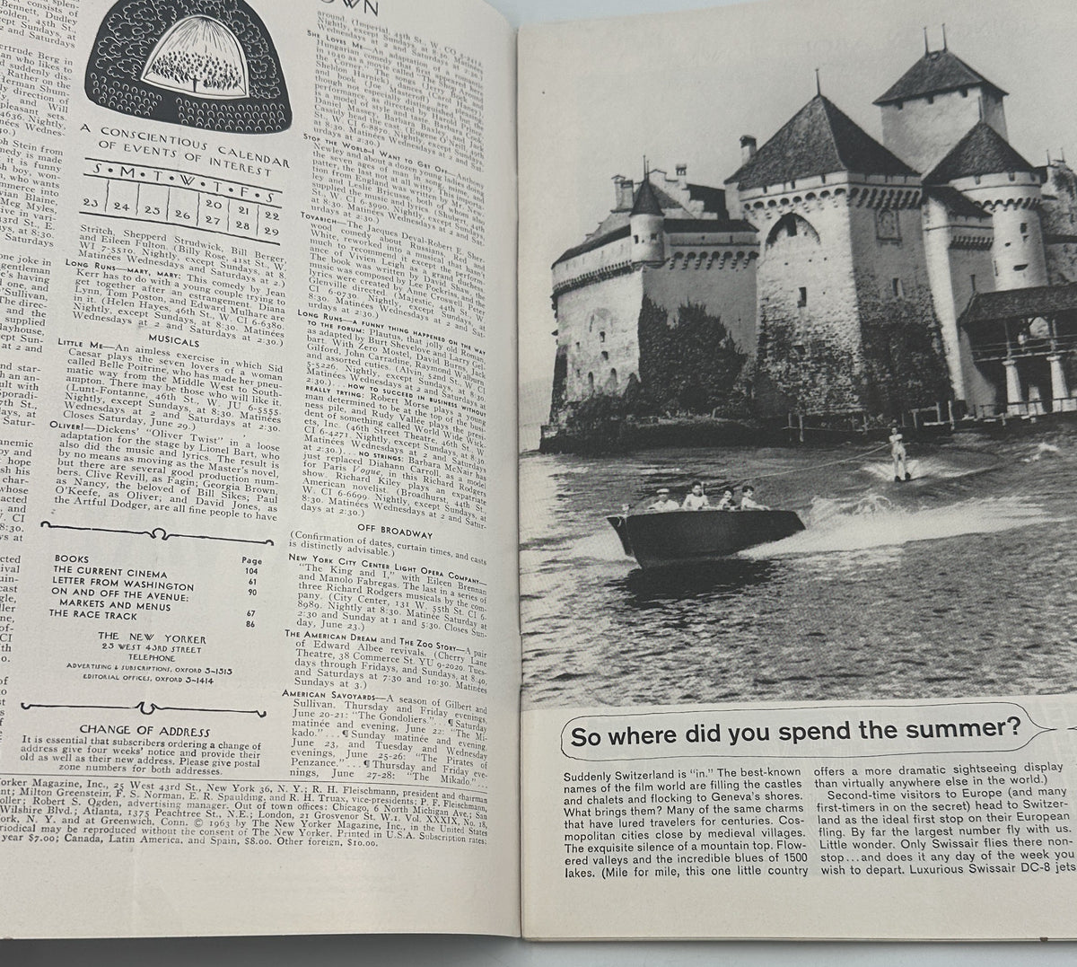 The New Yorker Magazine June 22, 1963 Rooftop Terrace Arthur Getz Cover opened to an interior page with table of contents and a summer travel advertisement featuring a castle and boat.