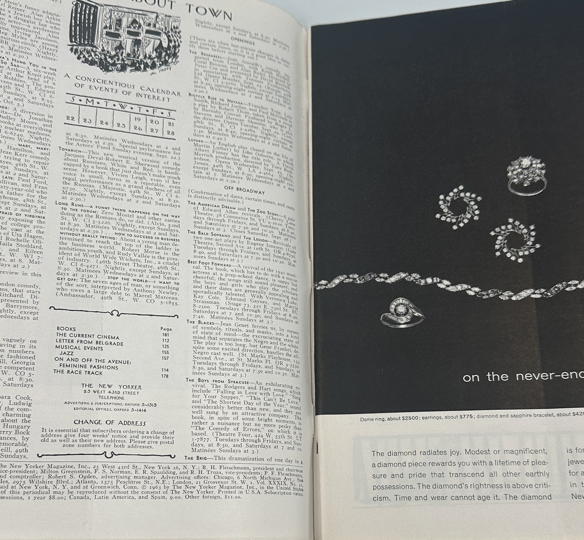 The New Yorker Magazine September 21, 1963 Polo Match Spectators Anatol Kovarsky Cover, interior spread featuring the table of contents and a jewelry advertisement on a black background.