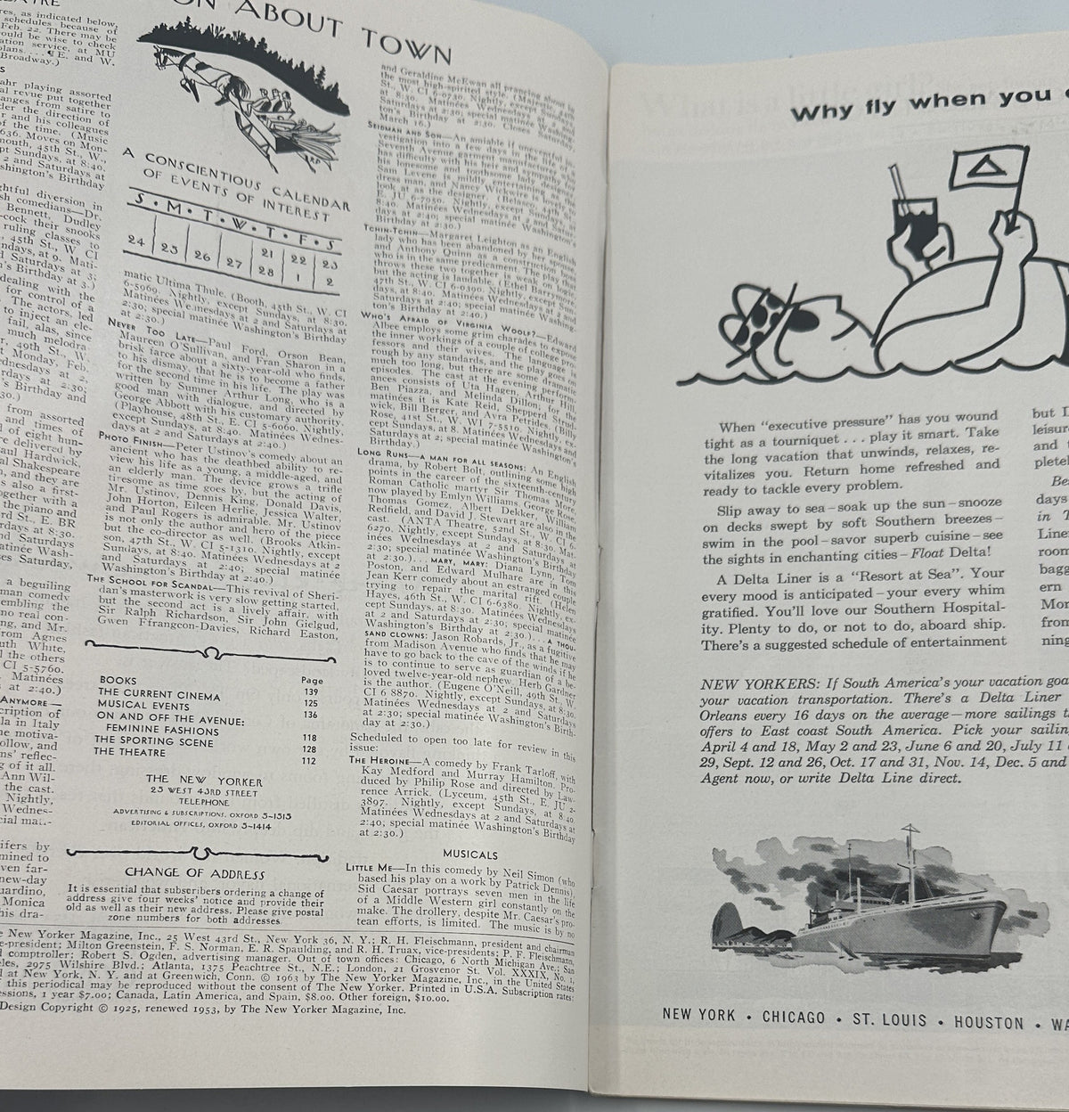 The New Yorker Magazine February 23, 1963 interior page spread featuring On About Town editorial content, a calendar of events, text columns, and a vintage airline advertisement.