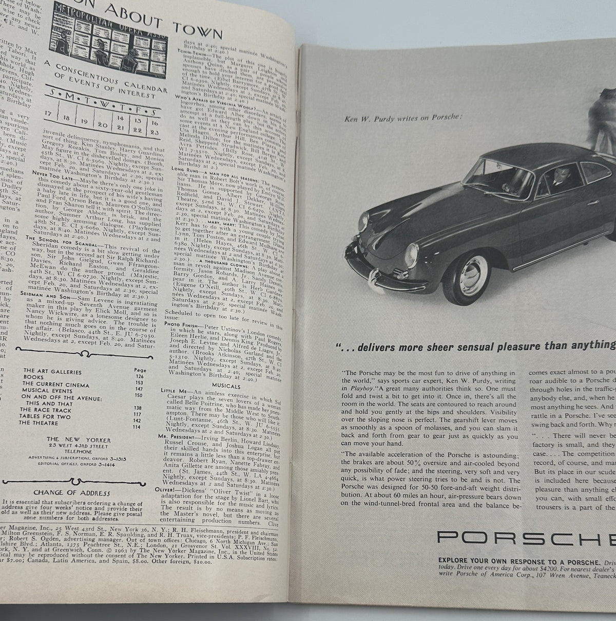 The New Yorker Magazine February 16, 1963 NYC Traffic Alan Dunn Cover interior spread featuring the On and Off the Avenue contents page and a vintage Porsche automobile advertisement.