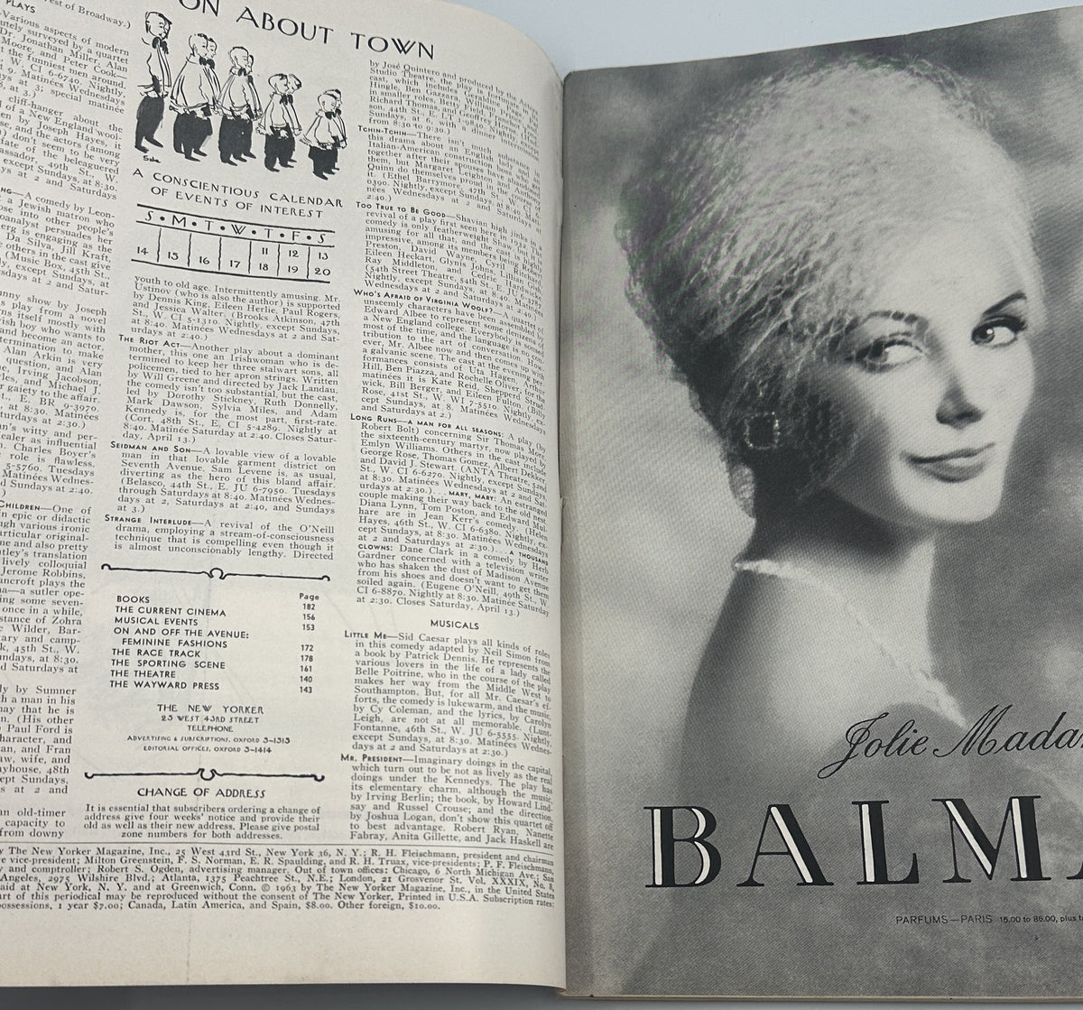 The New Yorker Magazine April 13, 1963 Modern Art Easter Eggs Charles Martin Cover, open to an interior spread with the On About Town contents page and a vintage Ball beauty advertisement.