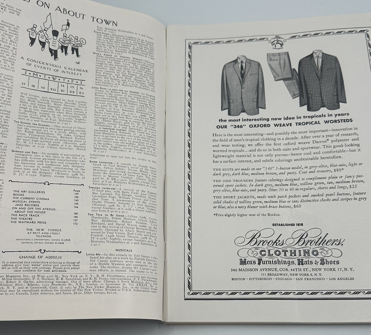 The New Yorker Magazine March 16, 1963 Coral Reef Seahorse Ilonka Karasz Cover, interior pages showing the On and About Town section and a Brooks Brothers clothing advertisement.
