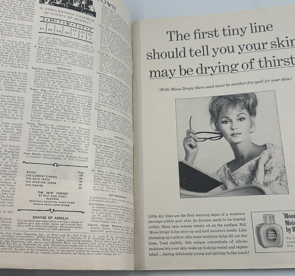 The New Yorker Magazine September 26, 1964 Apple Pear Orange Fruit Abe Birnbaum Cover, shown open to the table of contents beside a vintage beauty advertisement.