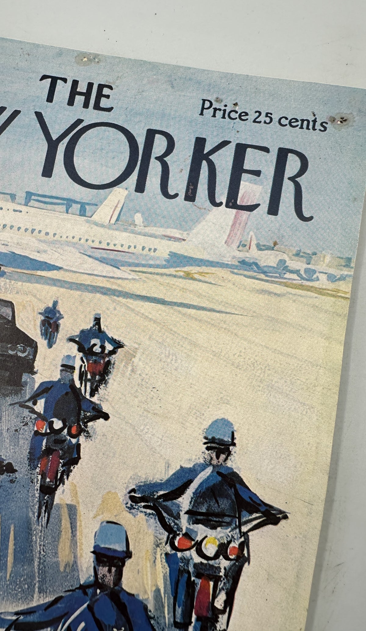 The New Yorker Magazine October 3, 1964 Airport Motorcycle Escort Arthur Getz Cover close-up, showing the illustrated airport scene with motorcycle escorts and airplane.