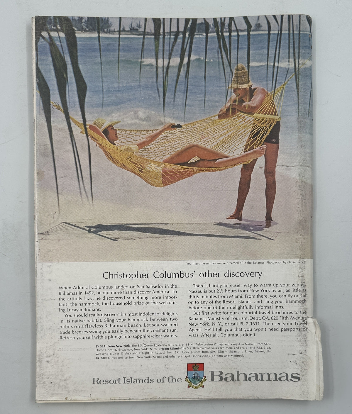 The New Yorker Magazine December 12, 1964 Beach Christmas Cards Charles D. Saxon Cover, full back cover showing a beach hammock scene, Bahamas resort advertisement, and Christopher Columbus feature.