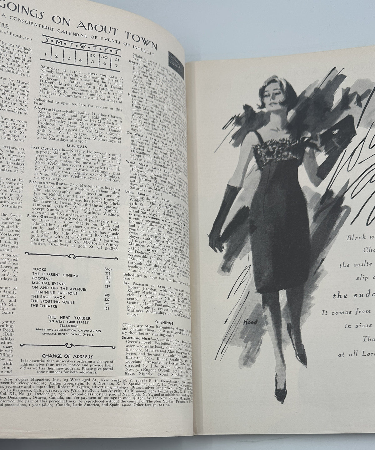 The New Yorker Magazine October 31, 1964 Election Board Church Charles Martin Cover opened to an interior fashion illustration and the Going's On About Town listings page.