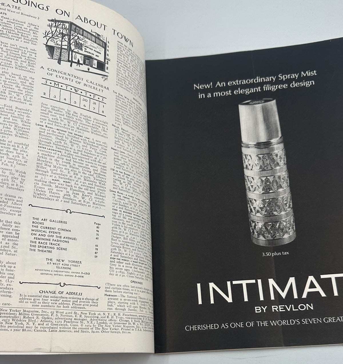The New Yorker Magazine February 1, 1964 Ballet Class Arthur Getz Cover opened to an interior page with article text, contents listing, and an Intimate by Revlon fragrance advertisement
