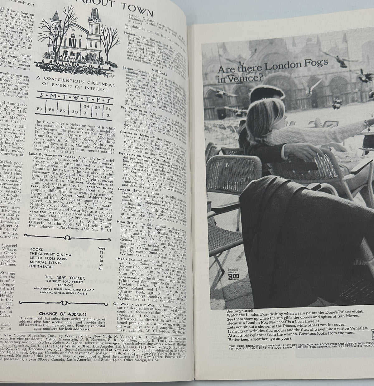The New Yorker Magazine December 26, 1964 Christmas Angels Rooftop William Steig Cover interior page spread featuring the About Town section and an advertisement titled Are There London Fogs in Venice?