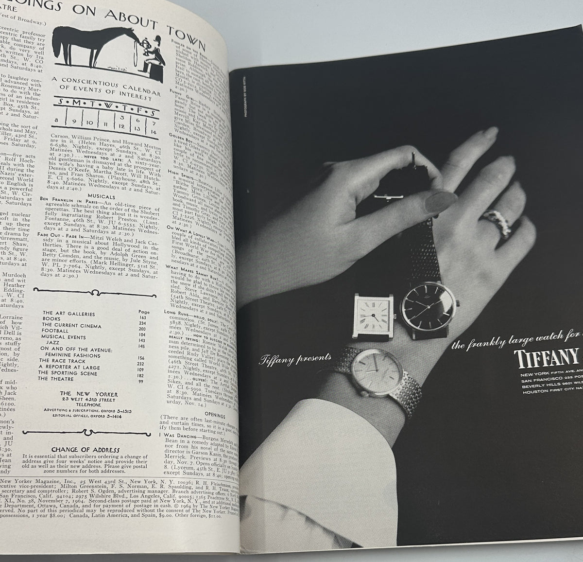 The New Yorker Magazine November 7, 1964 Abstract Face Abe Birnbaum Cover opened to an interior page with a Tiffany jewelry advertisement and table of contents.