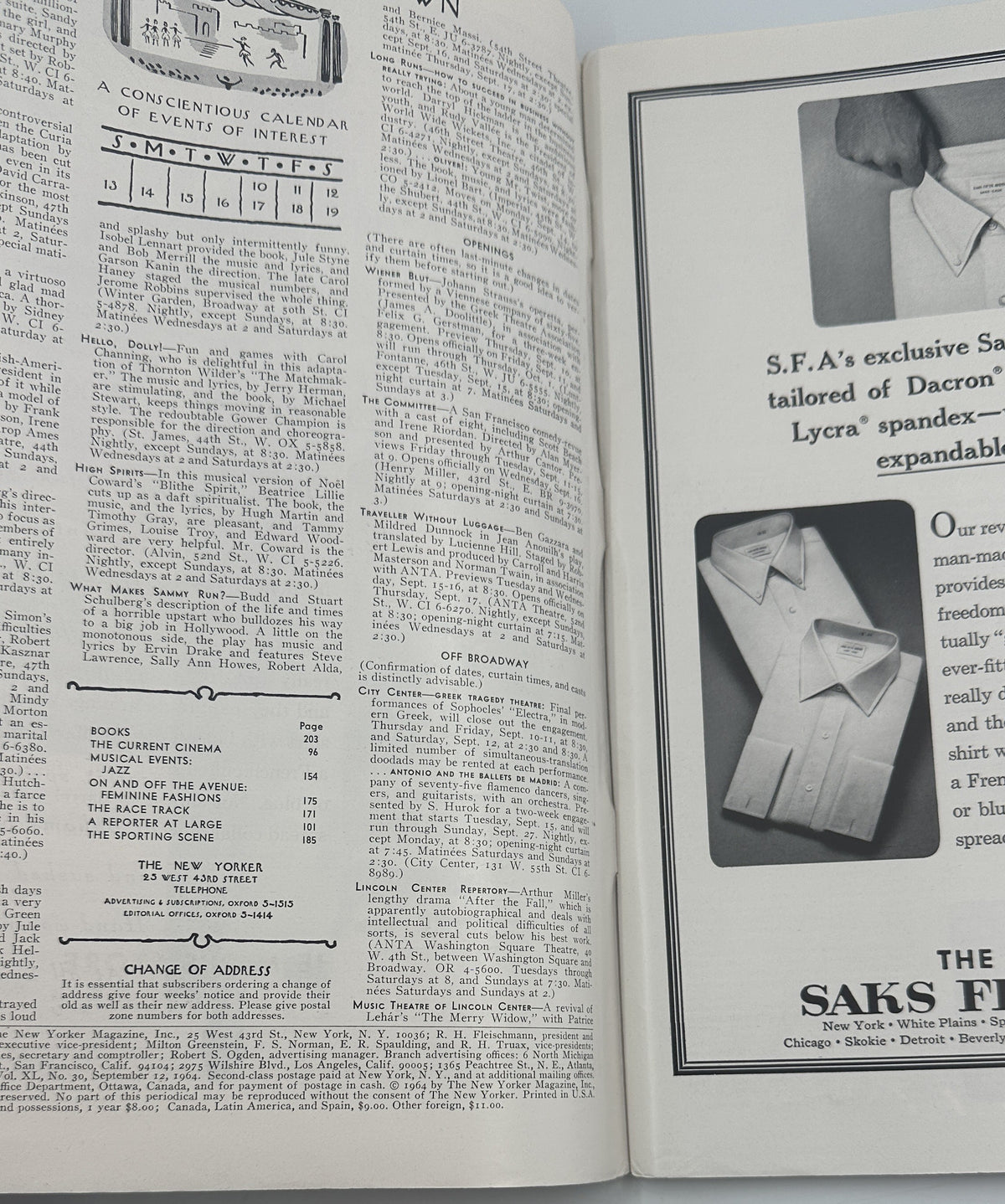 The New Yorker Magazine September 12, 1964 American Ship Telescope Joseph Low Cover, opened to an interior table of contents page beside a vintage S.F.A. dress shirt advertisement.