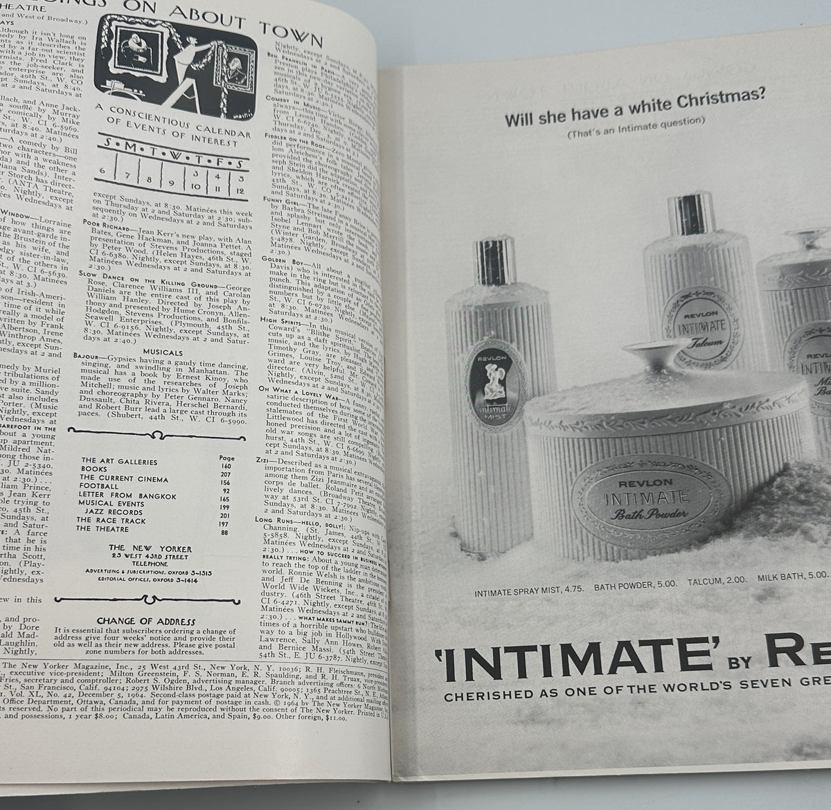 The New Yorker Magazine December 5, 1964 USA Acronyms Saul Steinberg Cover opened to an interior page with magazine listings and a vintage Revlon Intimate perfume advertisement.