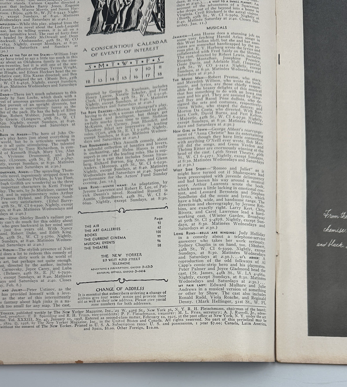 The New Yorker Magazine January 11, 1958 Snowplow Abe Birnbaum Cover interior page showing magazine text, a convention calendar, and the table of contents.