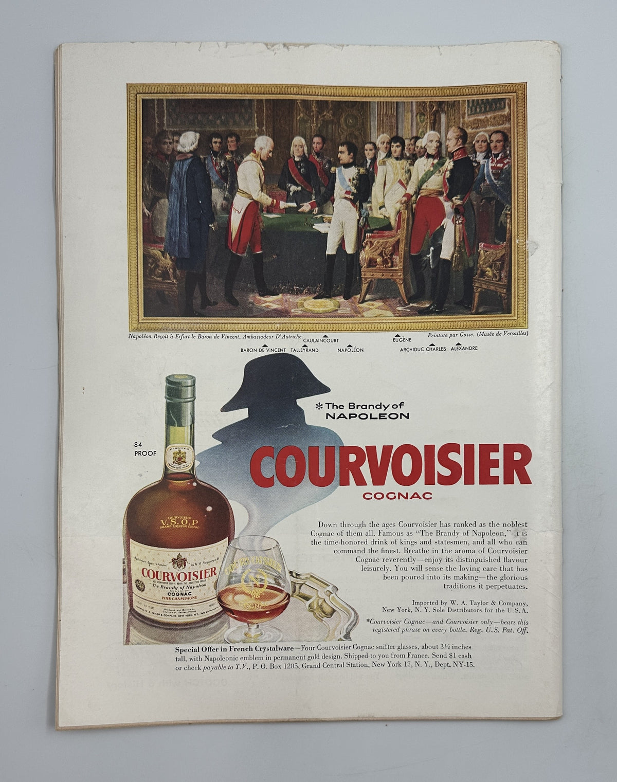 The New Yorker Magazine January 11, 1958 Snowplow Abe Birnbaum Cover featuring a vintage Courvoisier Cognac advertisement with Napoleon and court scene artwork, cognac bottle, and brandy glass
