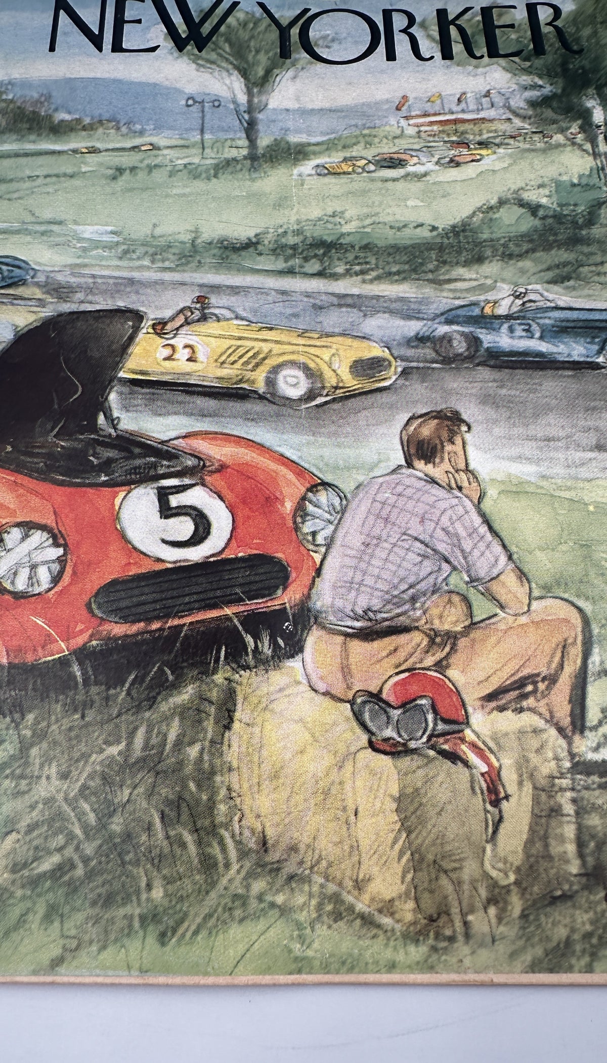 The New Yorker Magazine August 9, 1958 Vintage Auto Racing Perry Barlow Cover featuring colorful race cars on a track and a spectator watching the action
