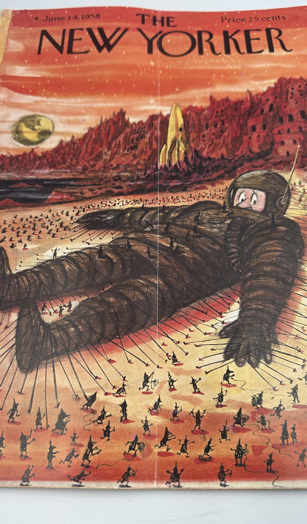 The New Yorker Magazine June 14, 1958 Sci-Fi Space Charles Addams Cover close-up, featuring the illustrated floating space figure, alien landscape, and magazine title.