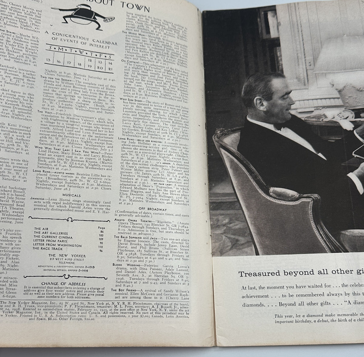 The New Yorker Magazine June 14, 1958 Sci-Fi Space Charles Addams Cover opened to an interior About Town contents page beside a vintage Samovar vodka advertisement featuring a seated man.