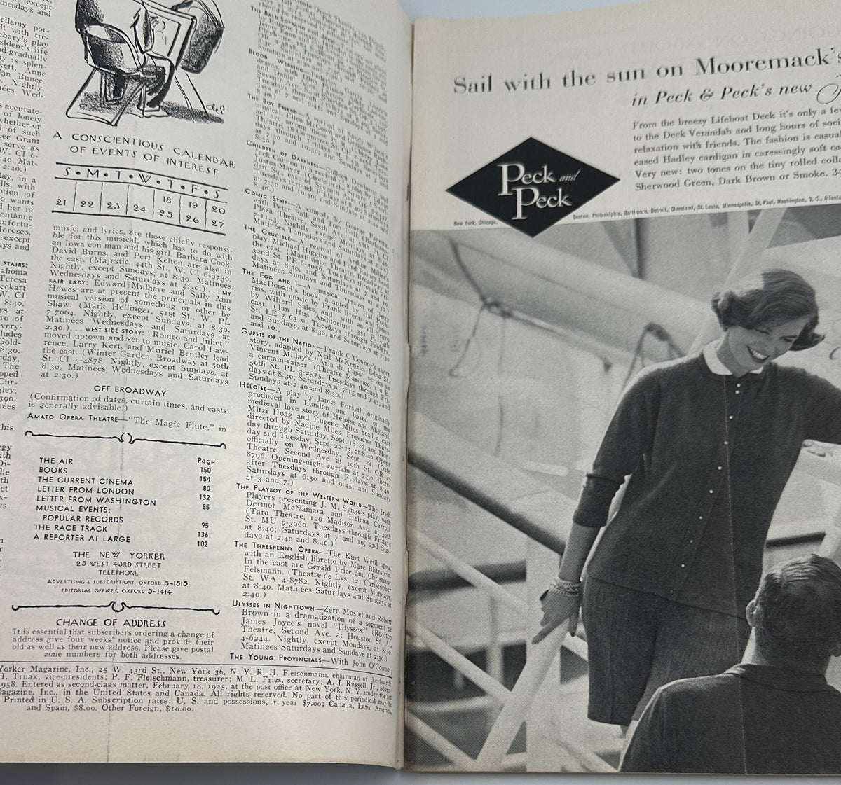 The New Yorker Magazine September 20, 1958 Cafe Coffee Robert Kraus Cover, interior pages showing the table of contents and a vintage Peck & Peck fashion advertisement.