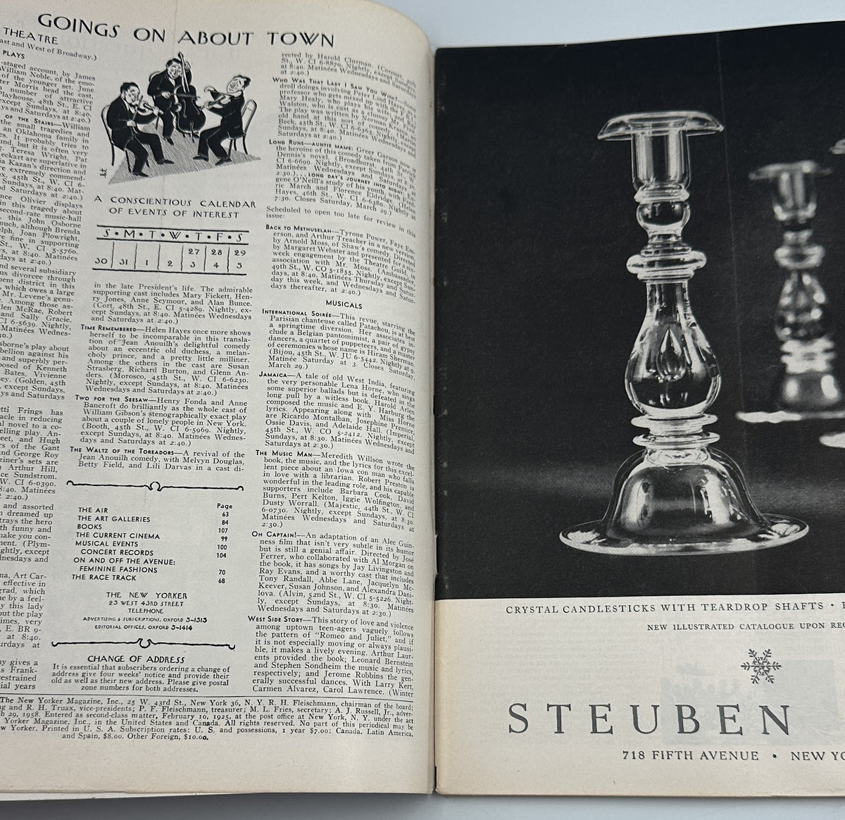 The New Yorker Magazine March 29, 1958 Art Gallery Constantin Aladjalov Cover interior spread showing the Going On About Town contents page and a Steuben crystal candlestick advertisement
