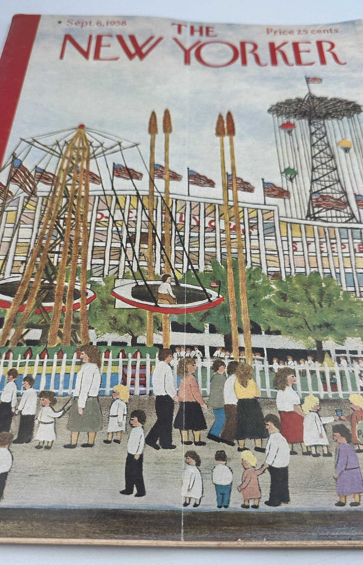 The New Yorker Magazine September 6, 1958 Amusement Park Vestie E. Davis Cover close-up showing the illustrated amusement park scene, rides, flags, and visitors.