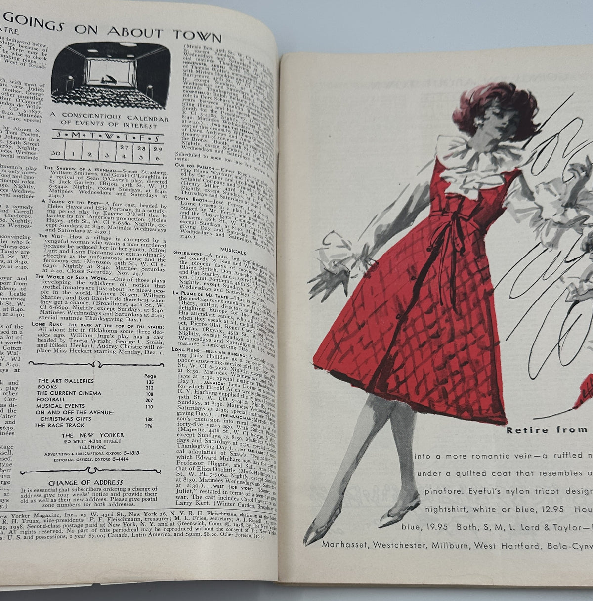 The New Yorker Magazine November 29, 1958 Thanksgiving Turkey Charles Martin Cover opened to an interior spread with Going Ons About Town listings and a vintage fashion advertisement