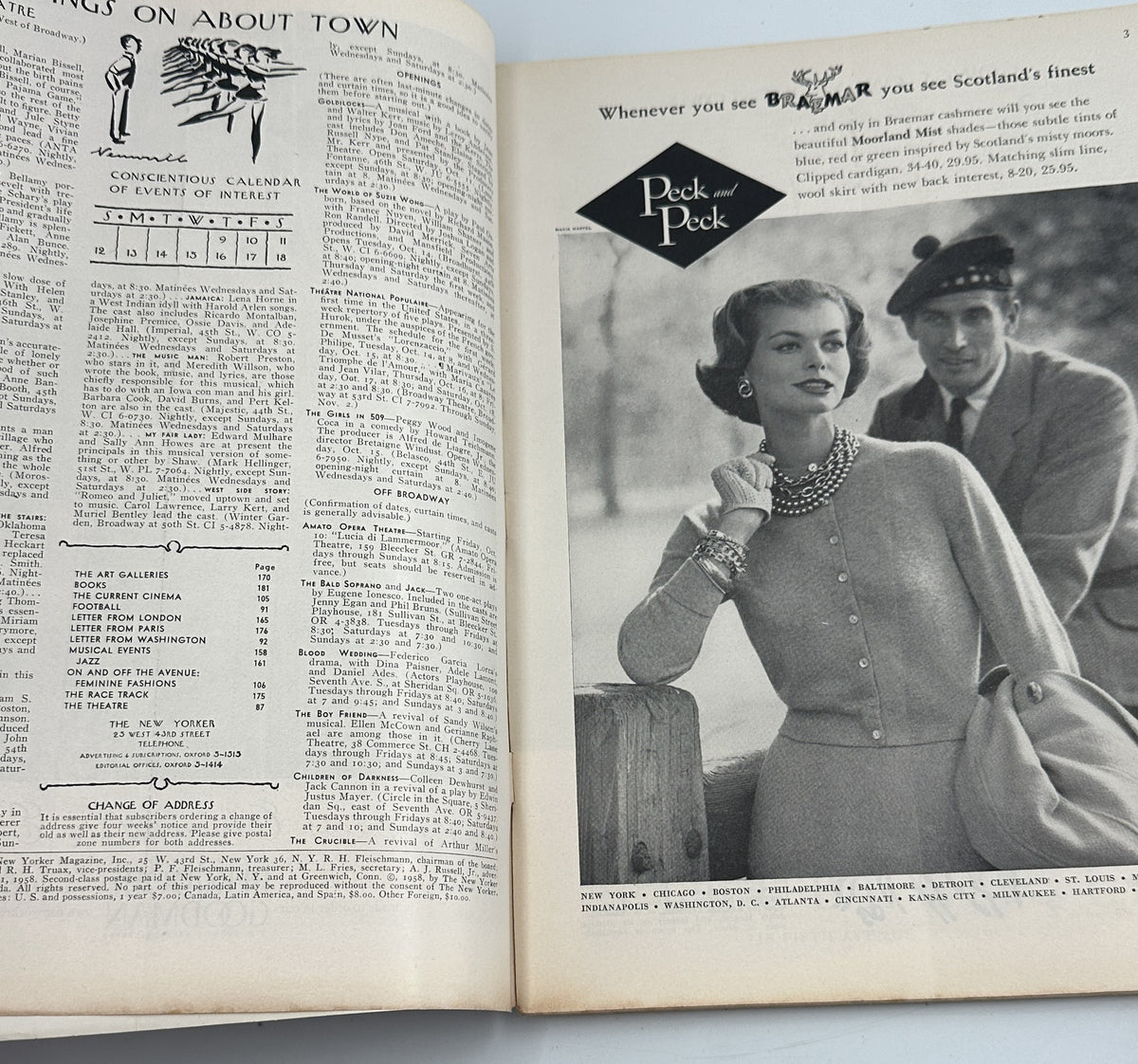 The New Yorker Magazine October 11, 1958 Autumn Canoe Trailer Arthur Getz Cover, interior pages showing magazine listings and a vintage Peck & Peck fashion advertisement.