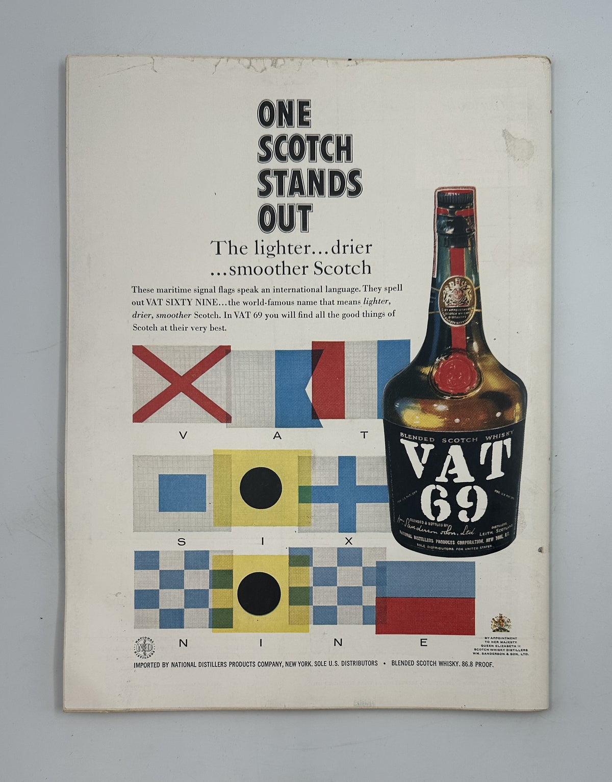 The New Yorker Magazine October 25, 1958 Football Huddle Abe Birnbaum Cover featuring a vintage Vat 69 Scotch whisky advertisement with colorful geometric graphics and a bottle illustration