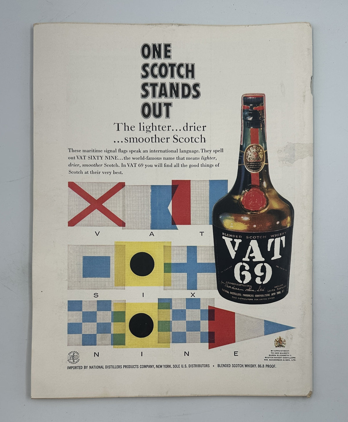 The New Yorker Magazine April 12, 1958 Giant Striped Balloon Abe Birnbaum Cover featuring a vintage Vat 69 Scotch whisky advertisement with a bottle and geometric artwork.