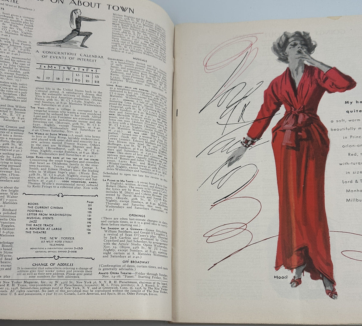 The New Yorker Magazine November 15, 1958 Hunting Car Garrett Price Cover, interior pages showing magazine contents and a fashion illustration of a woman in a red dress