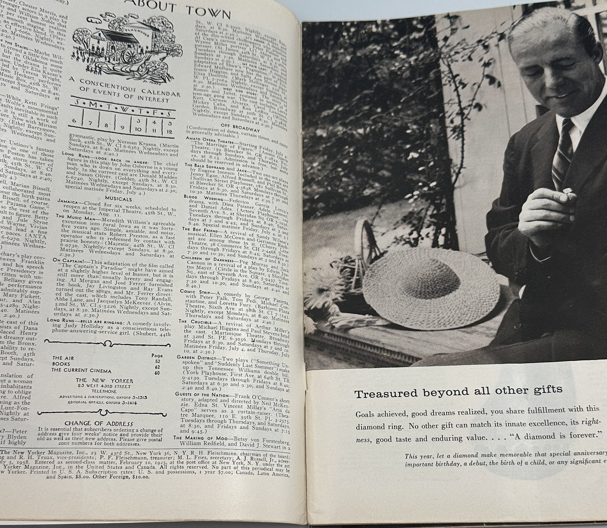 The New Yorker Magazine July 5, 1958 Flagpole Salute Abe Birnbaum Cover opened to an interior spread with the About Town section, articles, and a vintage illustrated advertisement.