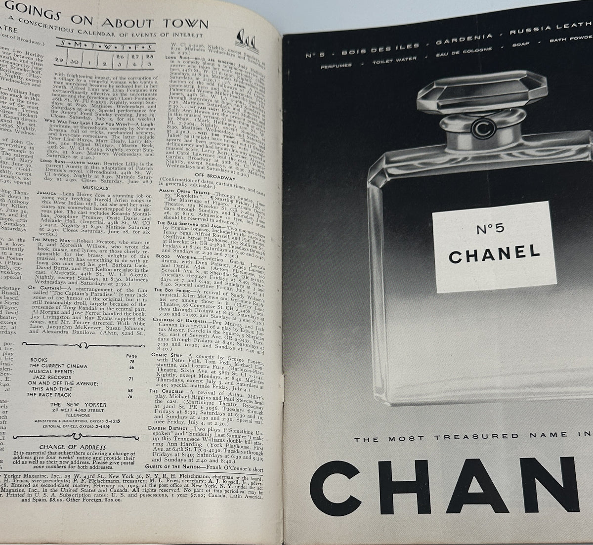 The New Yorker Magazine June 28, 1958 Lakeside Fireworks Arthur Getz Cover open interior page showing the Going On About Town listings beside a vintage Chanel No. 5 perfume advertisement