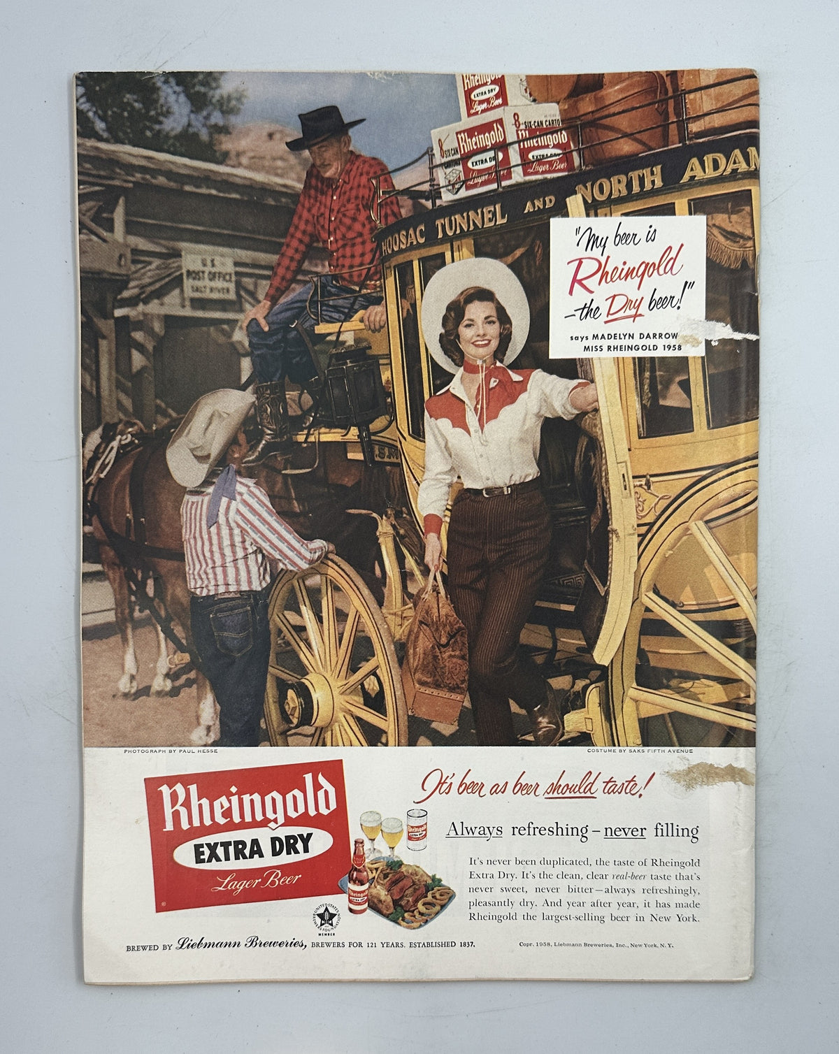 The New Yorker Magazine June 28, 1958 Lakeside Fireworks Arthur Getz Cover interior vintage Rheingold Extra Dry beer advertisement featuring a Western railway scene