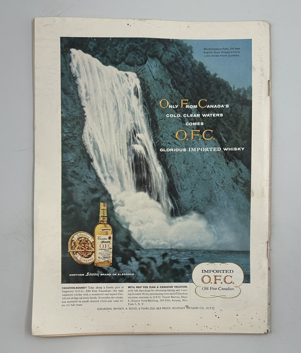 The New Yorker Magazine August 23, 1958 Birthday Party Abe Birnbaum Cover interior vintage O.F.C. Canadian whisky advertisement featuring a waterfall and whiskey bottle