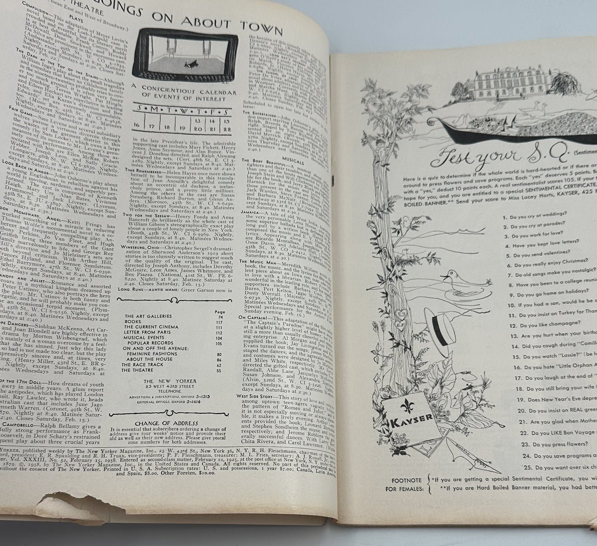 The New Yorker Magazine February 15, 1958 Valentine Procession Anatol Kovarsky Cover, opened to illustrated magazine interior pages with advertisements, columns, and visible page wear.