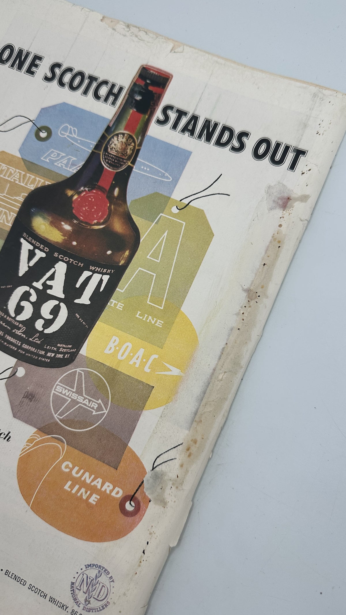 The New Yorker Magazine February 15, 1958 Valentine Procession Anatol Kovarsky Cover, close-up of worn back cover featuring a vintage Val 69 Scotch advertisement with colorful travel-themed graphics.