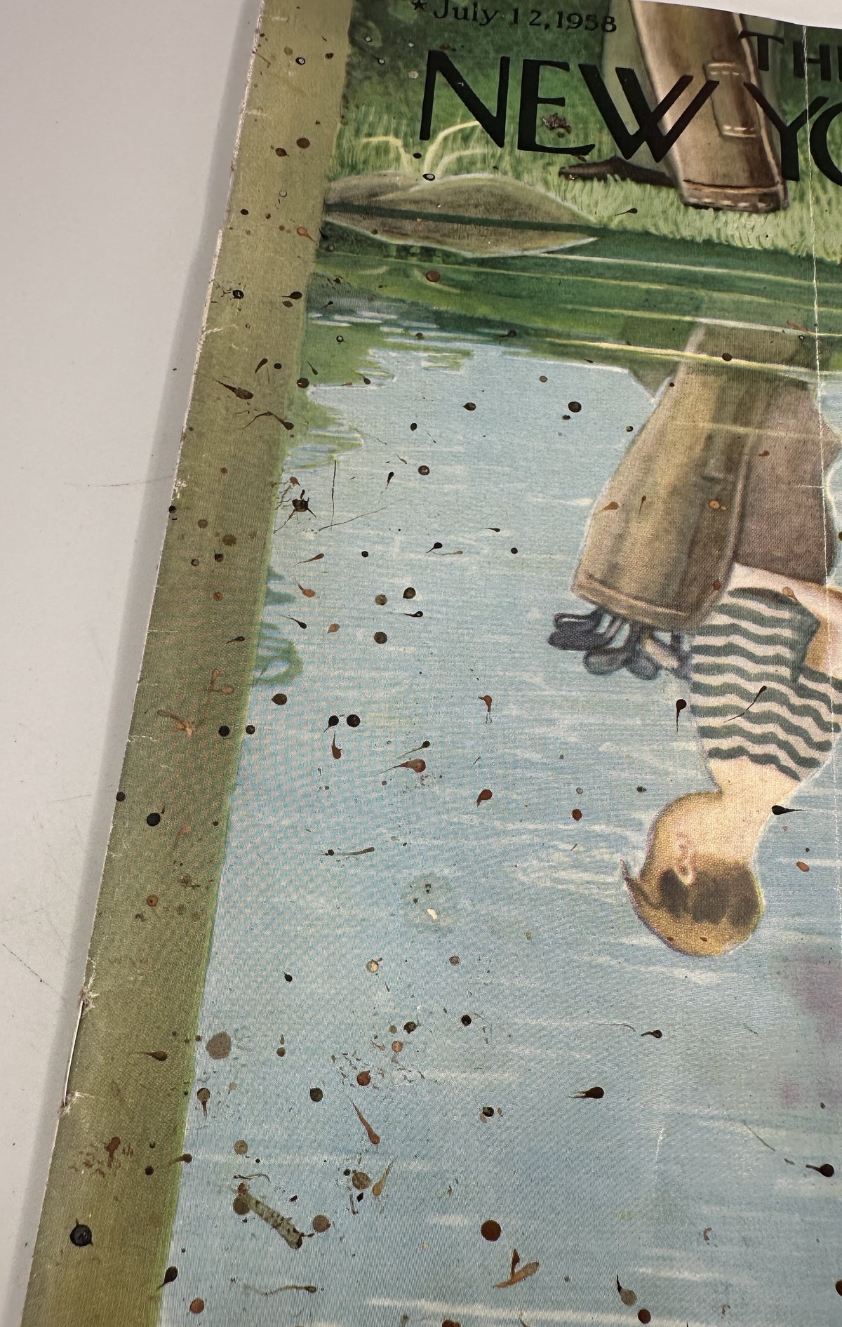The New Yorker Magazine July 12, 1958 Pond Fishing Reflection Rea Irvin Cover, close-up of the left side of the vintage cover showing surface stains, creases, and water damage
