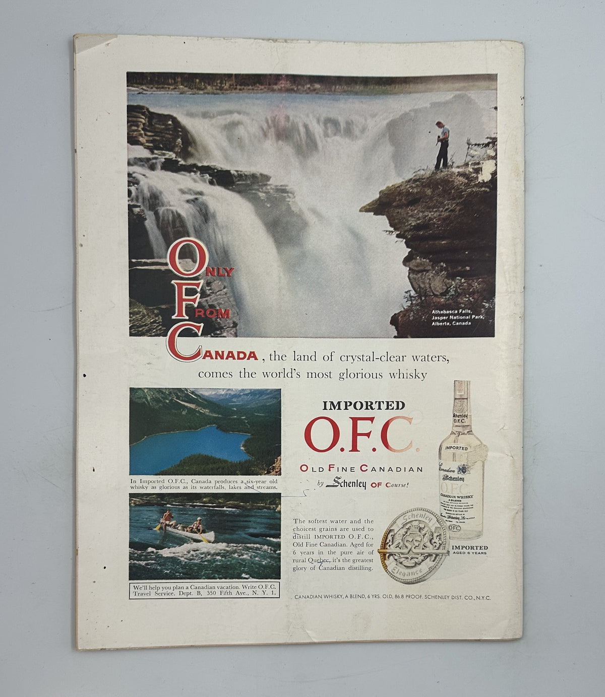 The New Yorker Magazine July 12, 1958 Pond Fishing Reflection Rea Irvin Cover back cover, featuring an O.F.C. Canadian whisky advertisement with waterfalls, lakes, and fishing scenes.