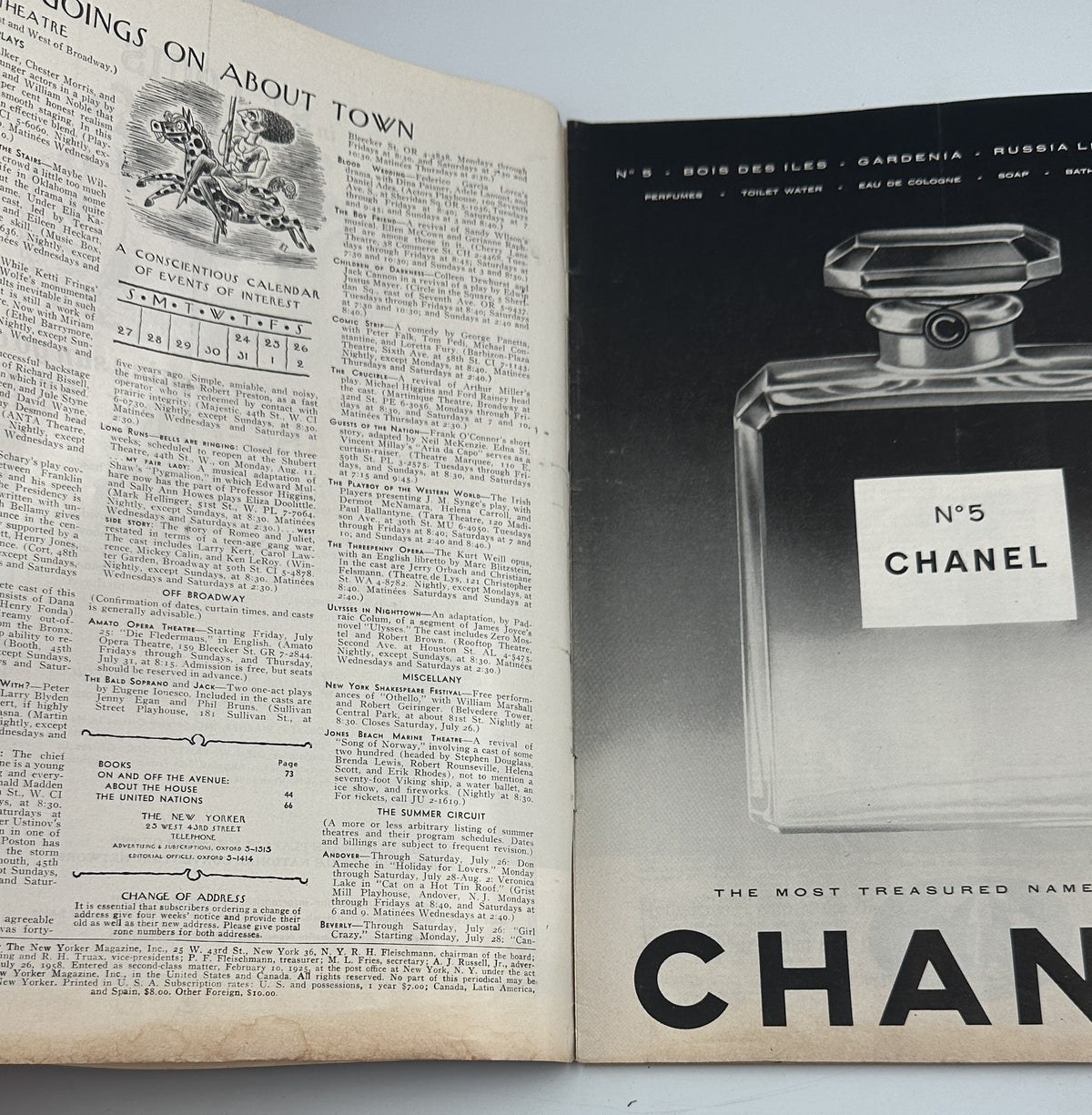 The New Yorker Magazine July 26, 1958 Children in Hammock William Steig Cover opened to an interior page with magazine listings and a vintage Chanel No. 5 perfume advertisement.