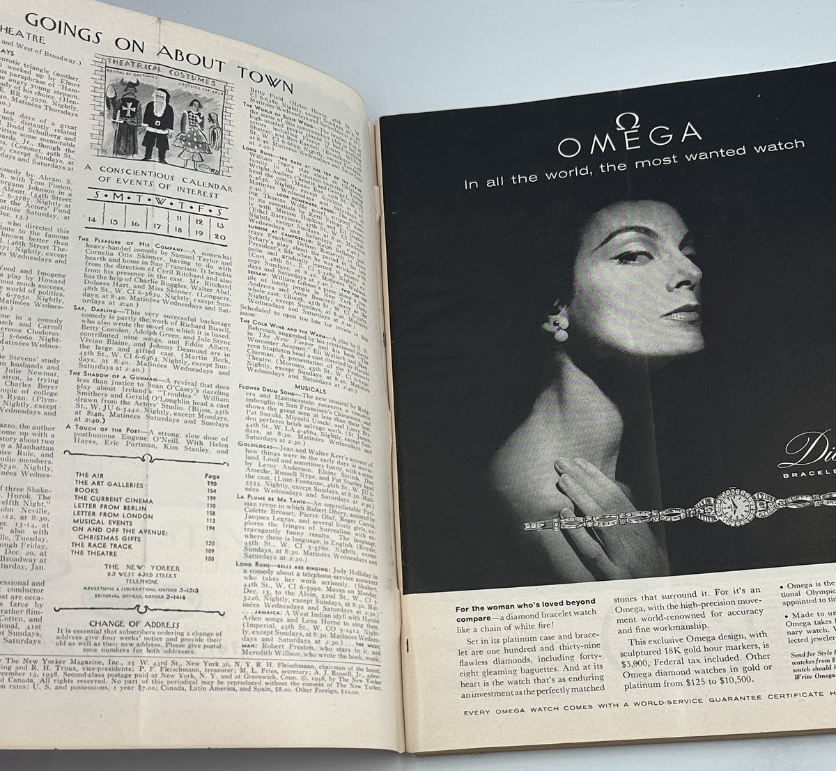 The New Yorker Magazine December 13, 1958 Christmas Greeting Card Anatol Kovarsky interior page with Going on About Town listings and Omega watch advertisement
