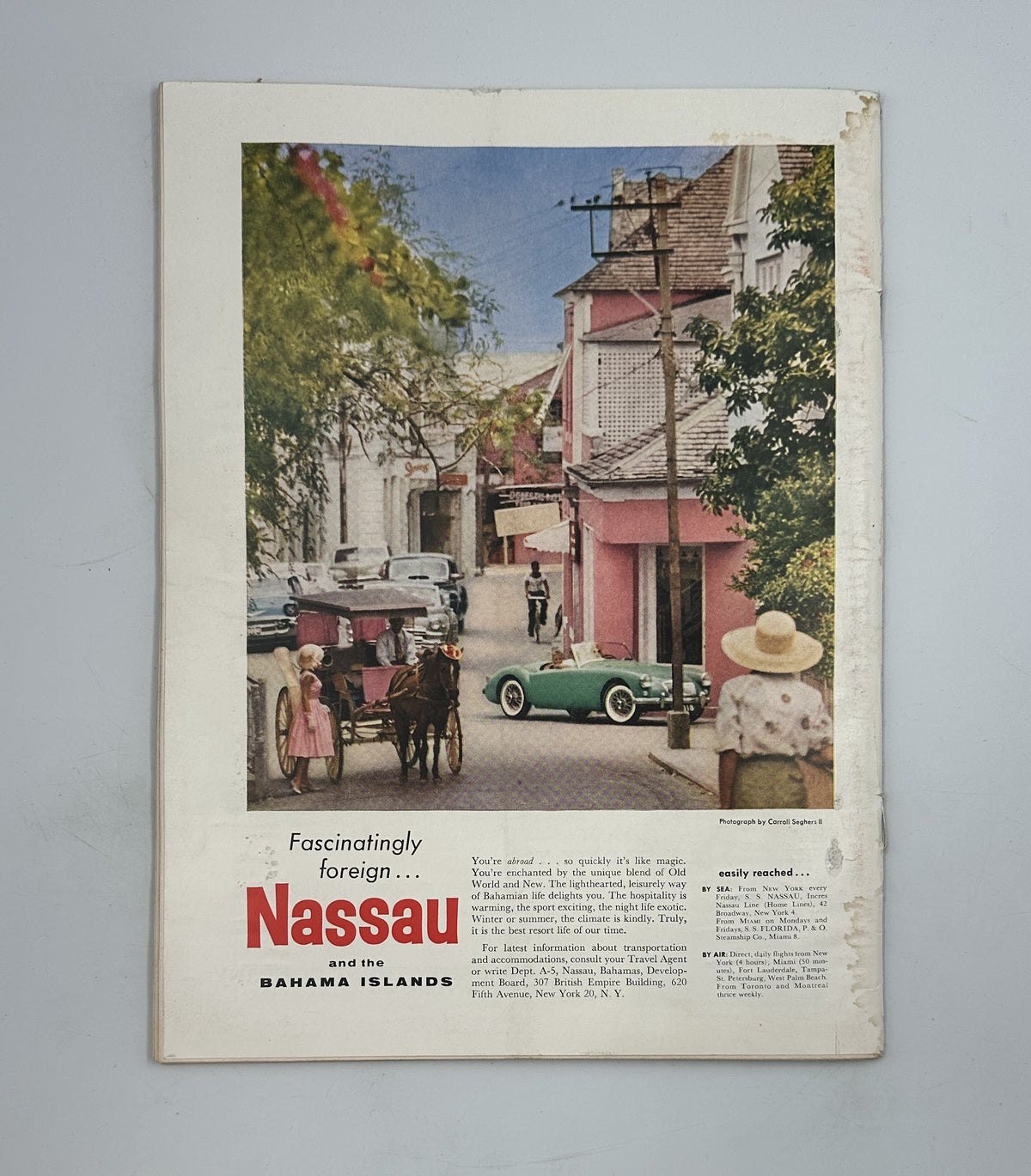 The New Yorker Magazine December 20, 1958 Christmas Taxi Peter Arno Cover interior page with a colorful Nassau in the Bahama Islands travel advertisement.