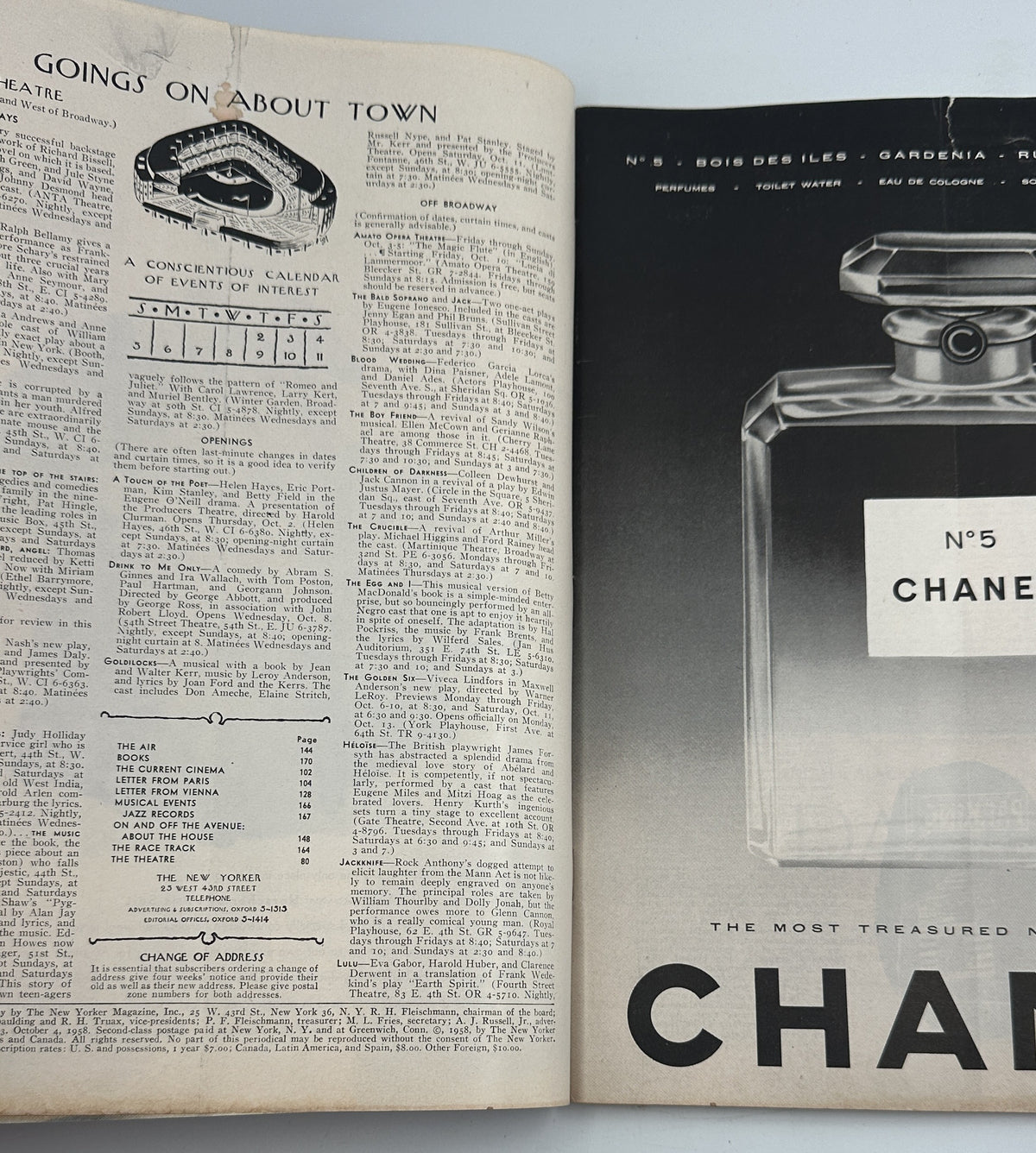 The New Yorker Magazine October 4, 1958 Backstage Dressing Room Perry Barlow Cover, interior pages featuring the Going On About Town listings and a Chanel No. 5 perfume advertisement.