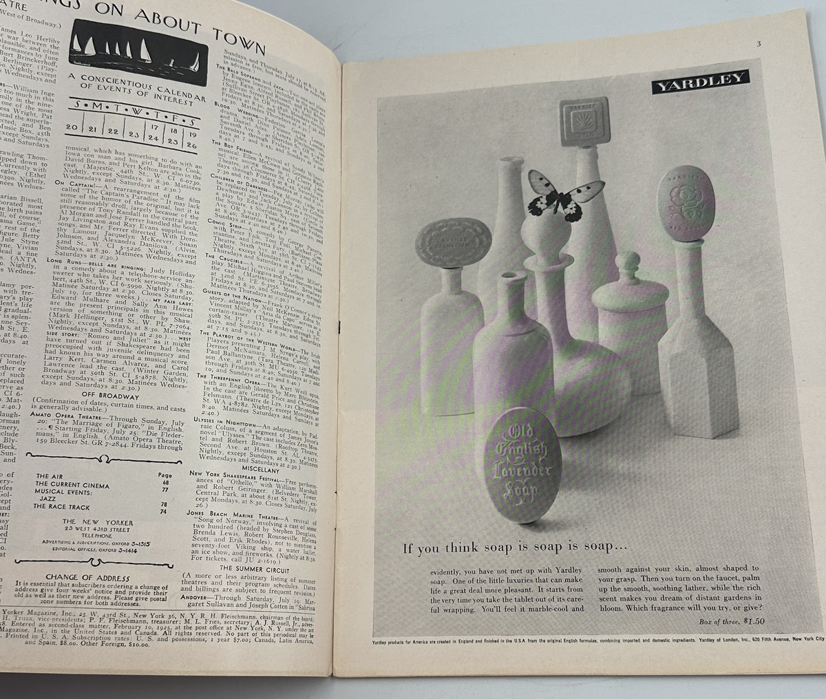 The New Yorker Magazine July 19, 1958 Stained Glass Church Interior Ilonka Karasz, open interior page showing a vintage Yardley cosmetics advertisement and magazine contents